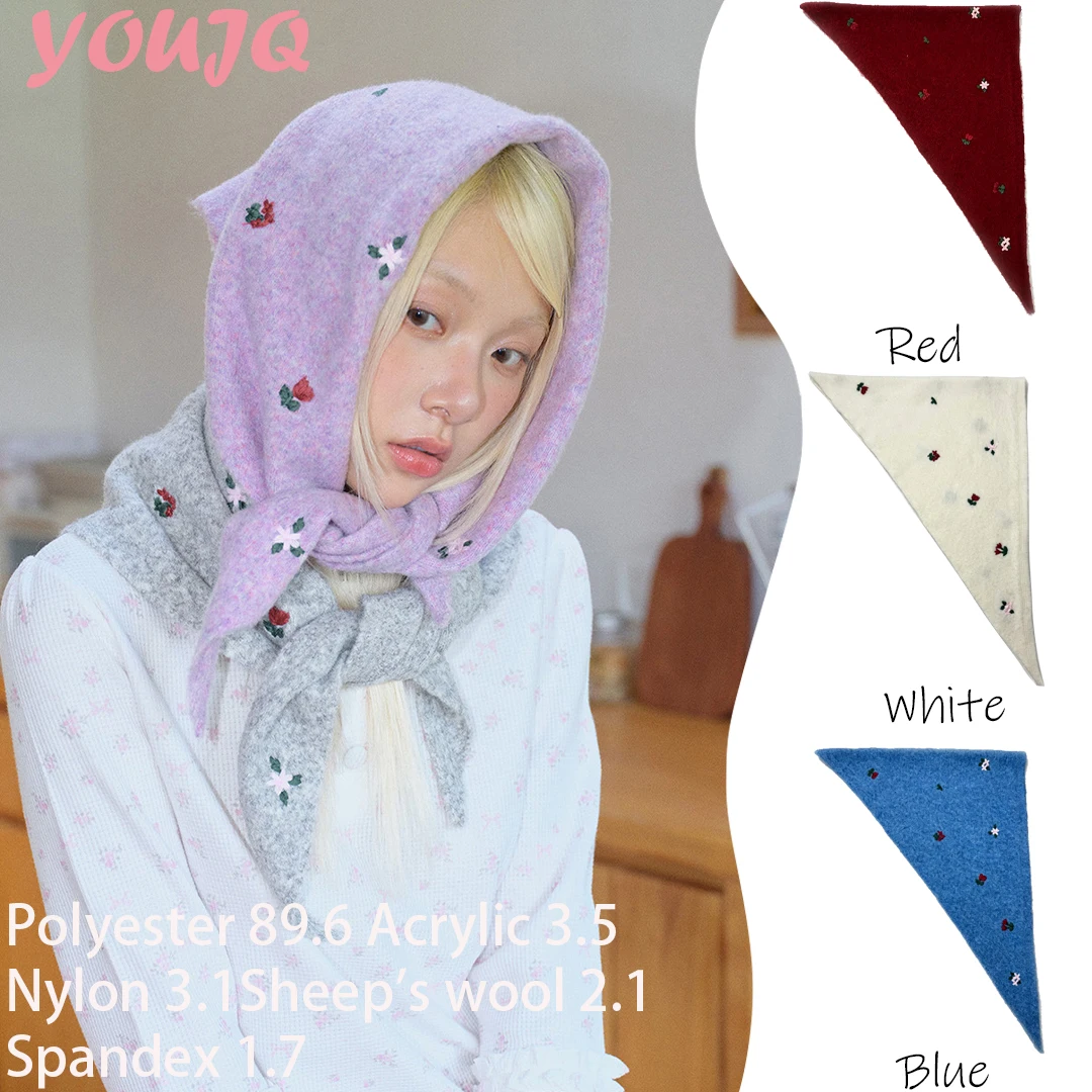 Original Hand Embroidered Rose Blossoms Embroidered 2.1% Wool Blended Triangle Scarf Women's Winter Knitted Warm Wool Small Neck