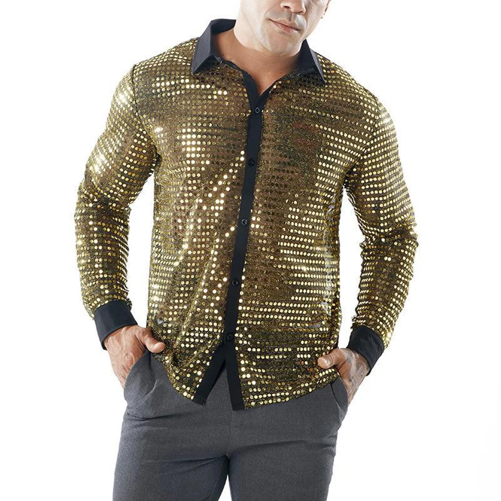 

2024 Fashion Men's Sparkly Sequins Party Dance Shirts Retro 70s Disco Nightclub Shirt Tops Single Breasted Performance Clothing