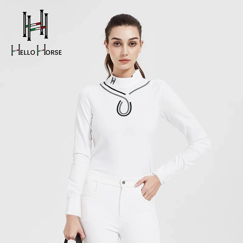 Hello Horse Equestrian T-Shirt Equestrian Clothing Horse Riding Style Adult and Children's Style Water-Washed Velvet Long Sleeve Simple Warm Equestrian Gear