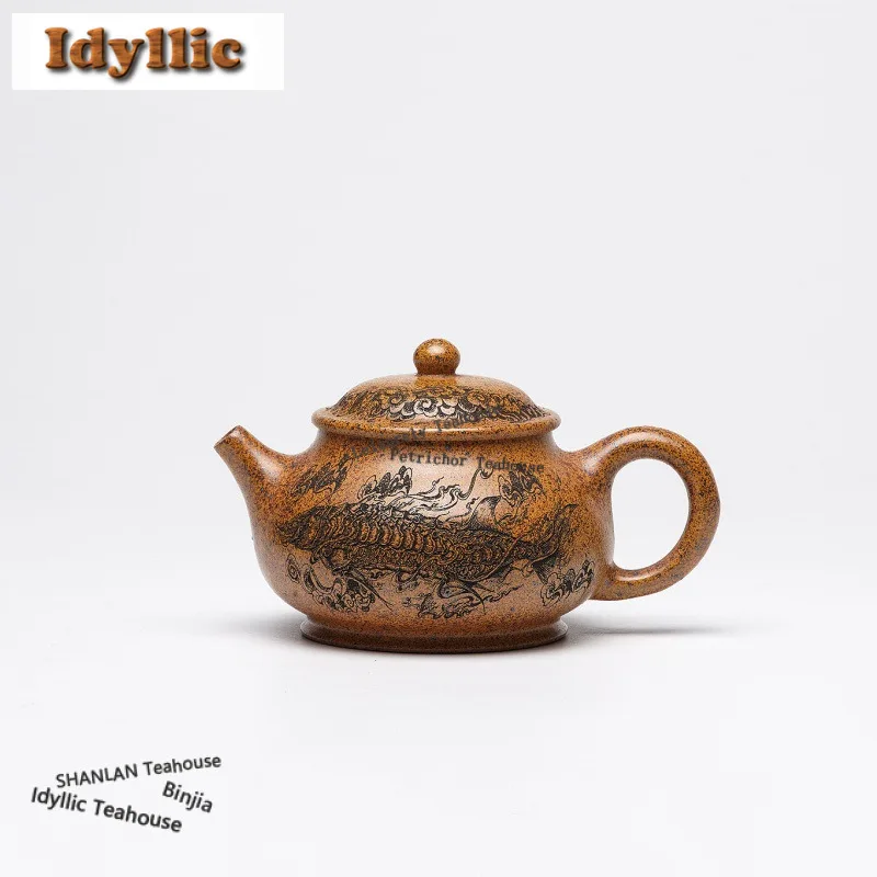 170ml Authentic Yixing Purple Clay Teapots Handmade Engraved Mud Sturgeon Pot Raw Ore Section Mud Kettle Zisha Tea Set Ornaments