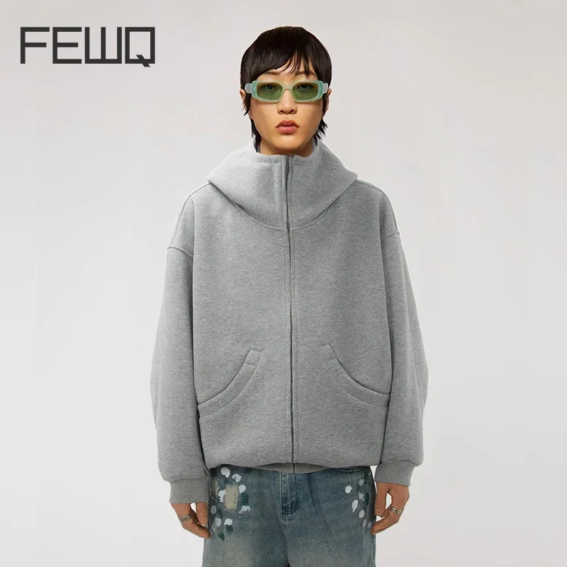 FEWQ Loose Versatile Oversize Men Hoodie Loose Zipper Thick 2024 Solid Color With Hat Long Sleeve Male Tops Fashion 24E5271