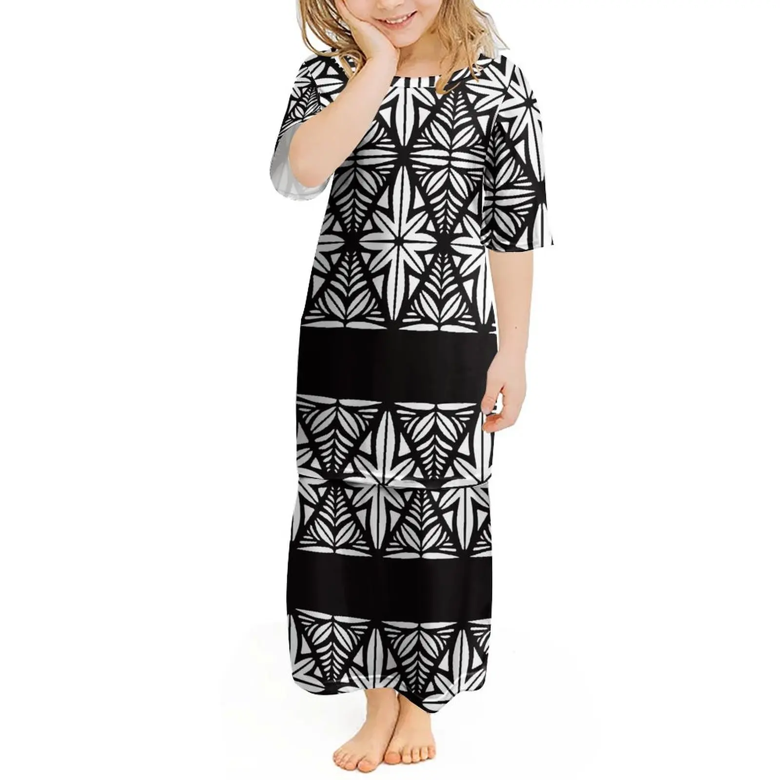 

Pacific Island Clothing Custom Girls Puletasi Summer Crewneck Short-Sleeved Dress Double Suit Dress Party Children'S Long Dress