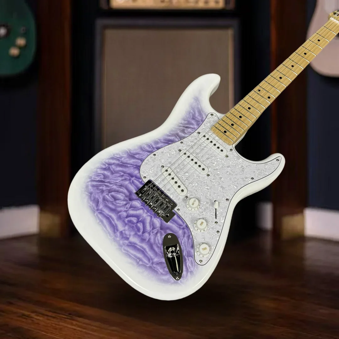 

Free Shiping Purple ST 6 Strings Electric Guitars High Quality 21Frets SSS Pickups Maple Neck Hot Sale White Pearl Guard
