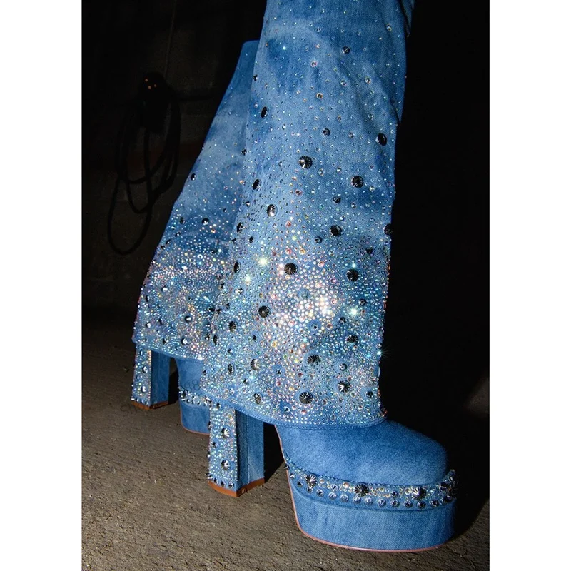 Knee High Platform Blue Denim Crystal Decor Trousers Boots Thick Heel Women Shoes Slip-On Round Toe 2023 Zapatos Para Mujere