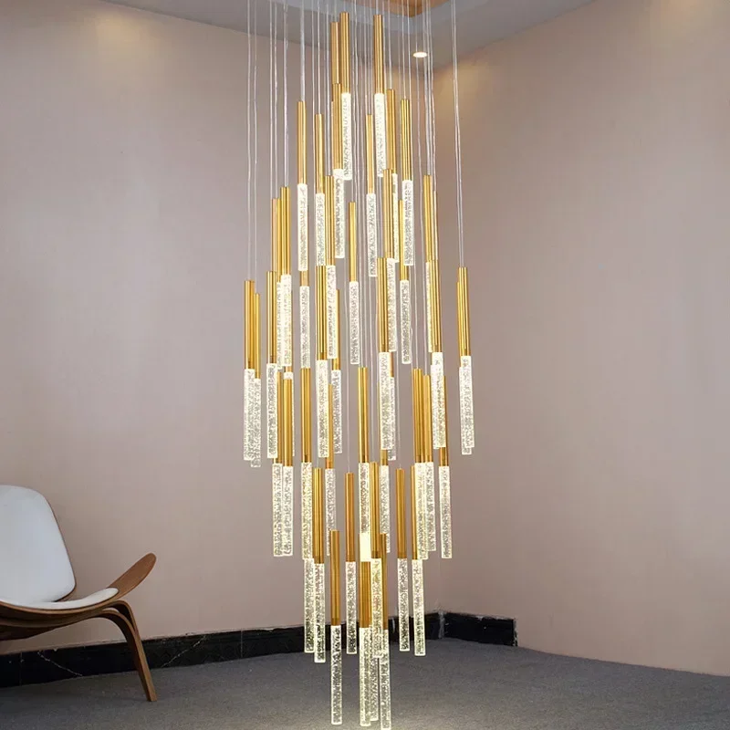 Modern LED Crystal Chandelier Long Staircase Light Fixture Luxury Hanging Lamp for Hotel Villa Bedroom Loft
