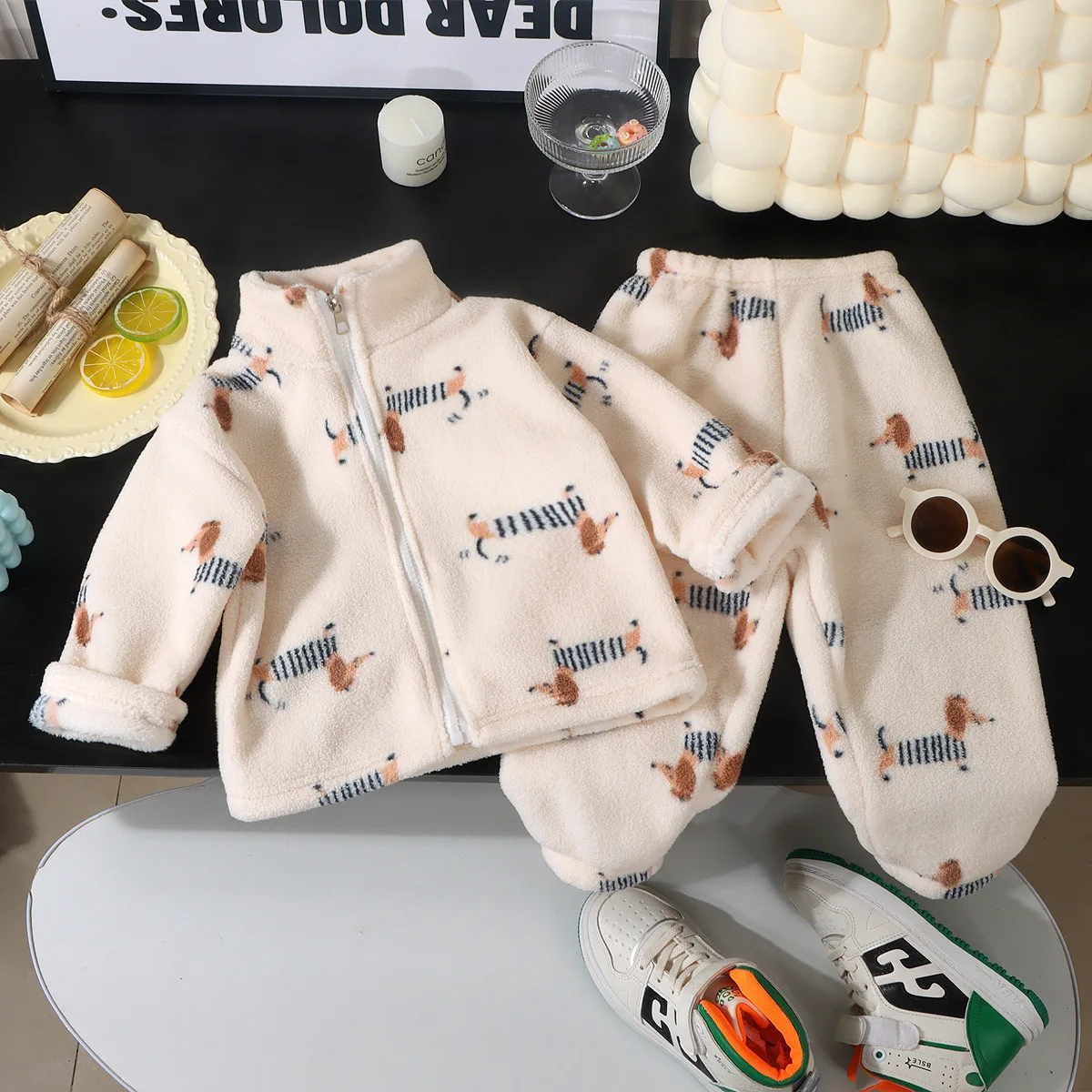 Kids Autumn Winter Thicken Warm Flannel Pajamas Sets Children's Cute Cartoon Zipper Coat with Pants Boys Girls Casual Pyjamas