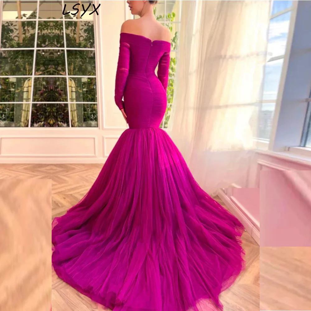 LSYX Mermaid Off the Shoulder Evening Gown 2024 Pleat Long Sleeves Backless Mono Simple Tulle Prom Dresses Robes De Soiree