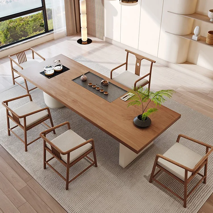 Wabi Sand Cream Wind Solid Wood Tea Table and Chair Combination Log Large Board Tea Table Kettle Integrated Negotiation Area Tea