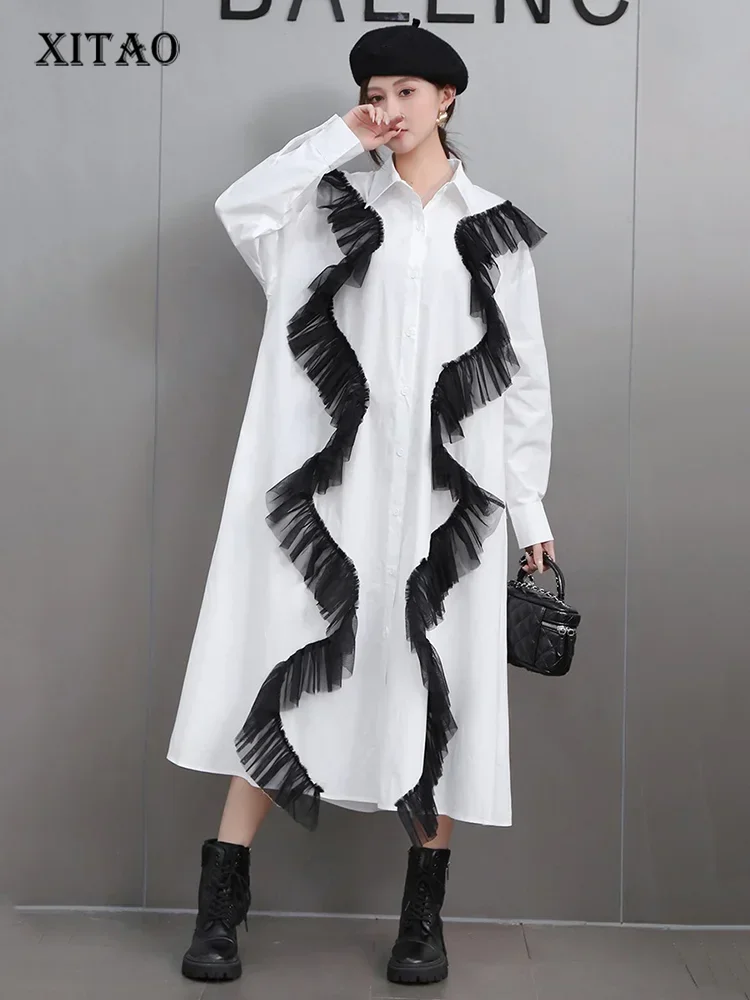 

XITAO Patchwork Mesh Trendy Style Full Sleeve Dress A-line Turn-down Collar Fashion Personality Spring Female Dress GMM1163