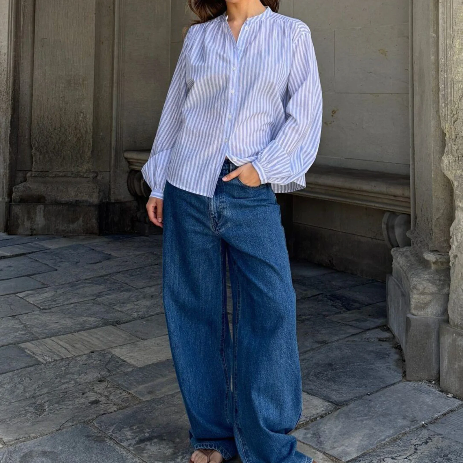 قمصان نسائية جديدة فضفاضة بأزرار سفلية وأكمام طويلة بلون سادة/خطوط مطبوعة بلوزة خريفية لملابس الشارع #4