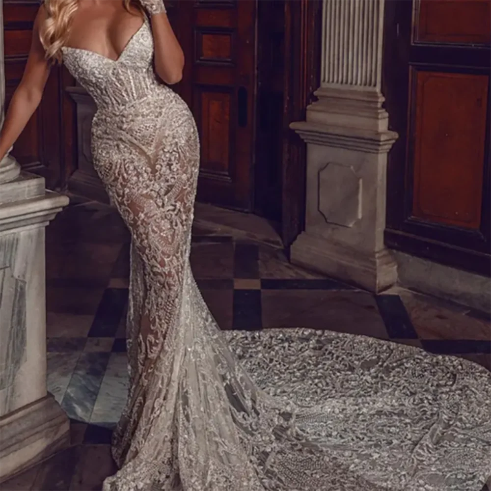 

Роскошные свадебные платья русалки с v-образным вырезом и блестками без рукавов и кружевным шлейфом, свадебные платья по индивидуальному заказу