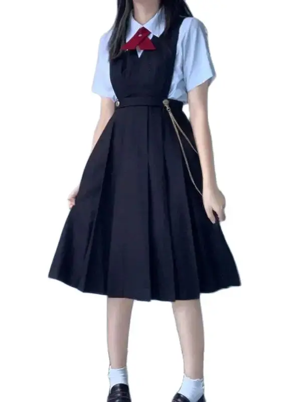 Japan Basic Preppy Style Dress Long Pleated Dress Orthodox Jk Uniform Skirt Vest Dress Female Students School Uniform