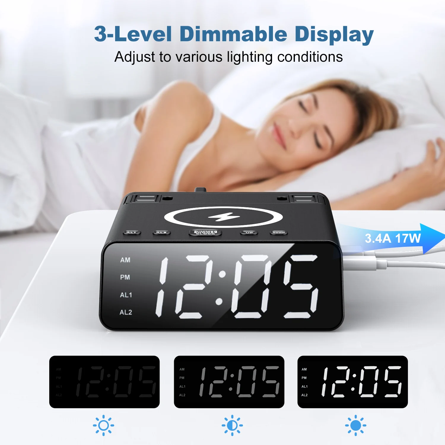 OEM 7-in-1 Wireless Charging Station with AC Outlets 15W Fast Charger Digital Alarm Clock Desktop Power Strip for Office & Hotel