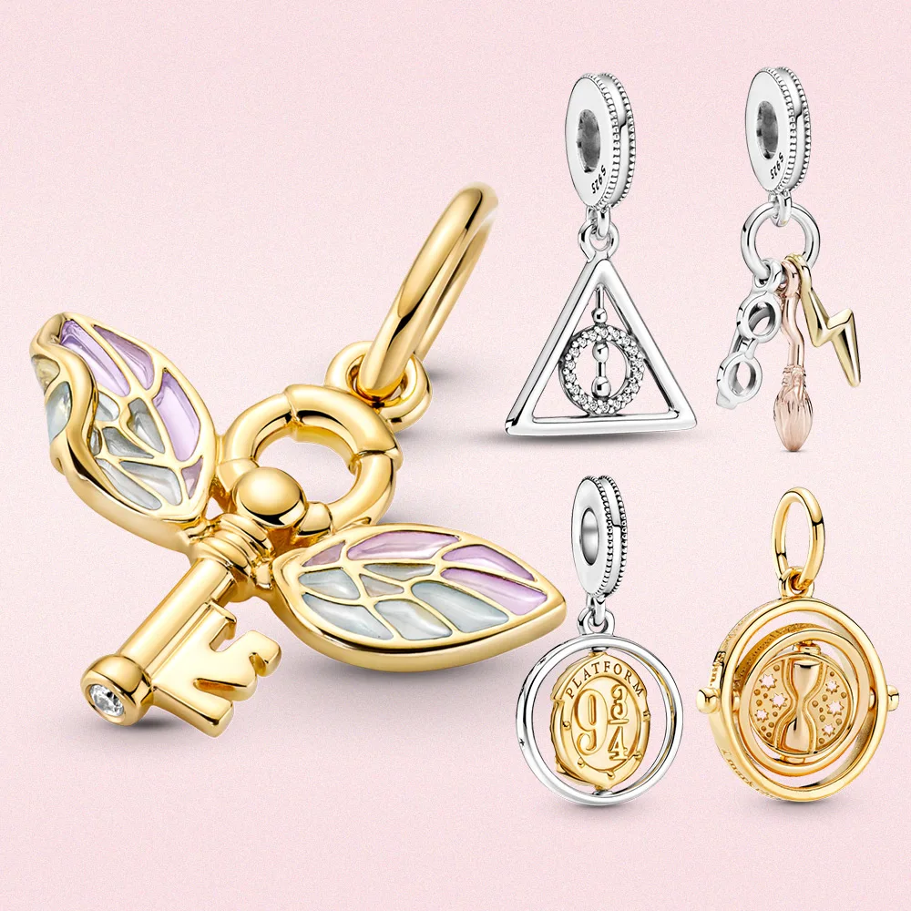 Silver Gold Plated Winged Key Pendant Charm Spinning Dangle Hanging Doe Patronus Fit Original Moment Bracelet Women Jewelry