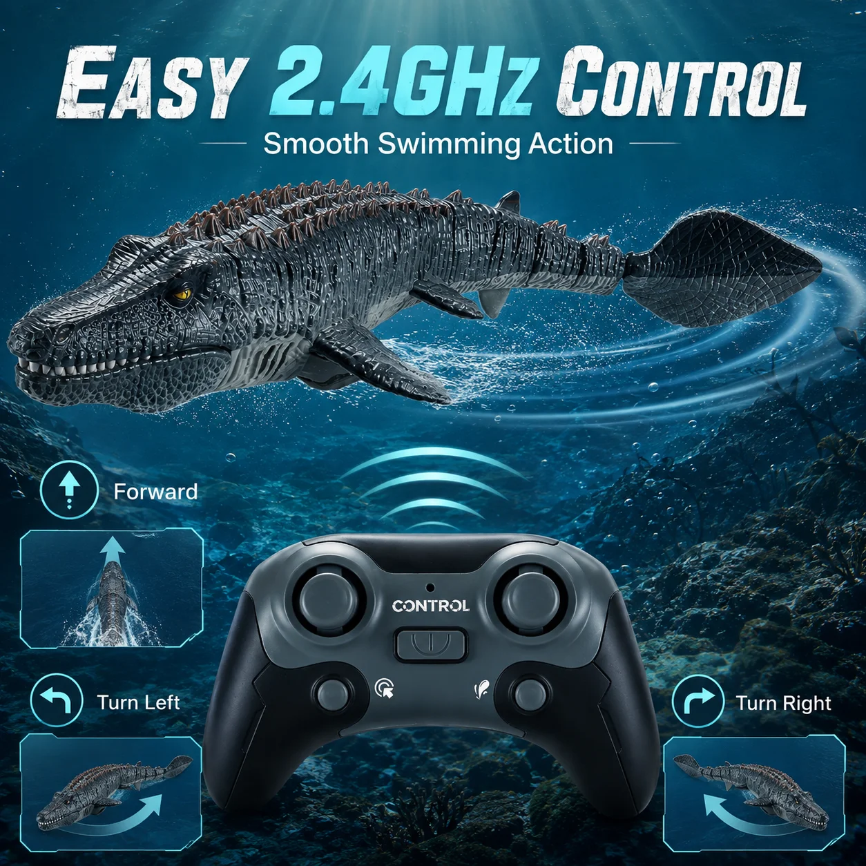 Jurassic RC Mosasaurus Dinosaur Boat, 2.4G Remote Control Water Toy for Pool Outdoor Play, Kids Birthday Gift