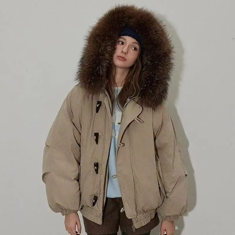 

Хлопковое пальто с пуховым воротником и капюшоном, женское зимнее новое стильное толстое хлопковое пальто с американскими рогами на пуговицах, куртка