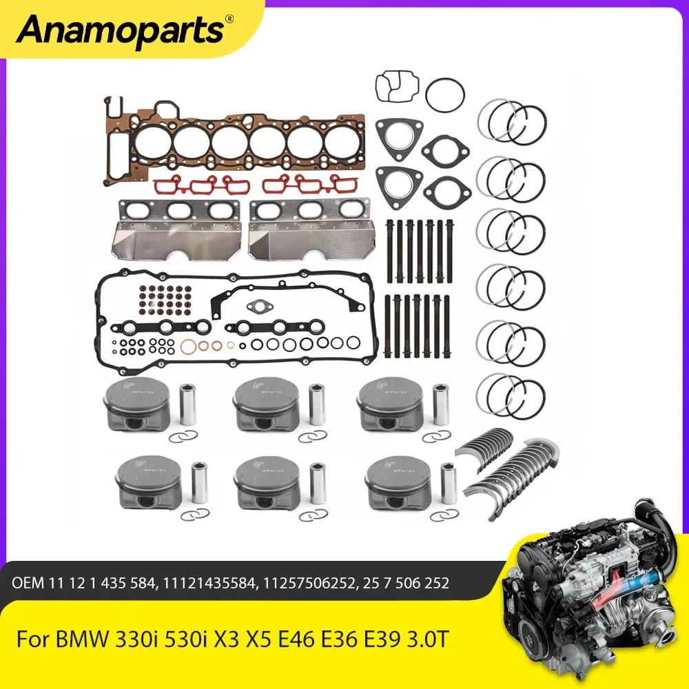 Engine Parts Full Gasket Set Mian Rod Bearing Piston Kit Fit 3.0 L Gas M54 For BMW 330i 330xi 530i X3 X5 E46 Z3 Z4 M54B30 3.0L
