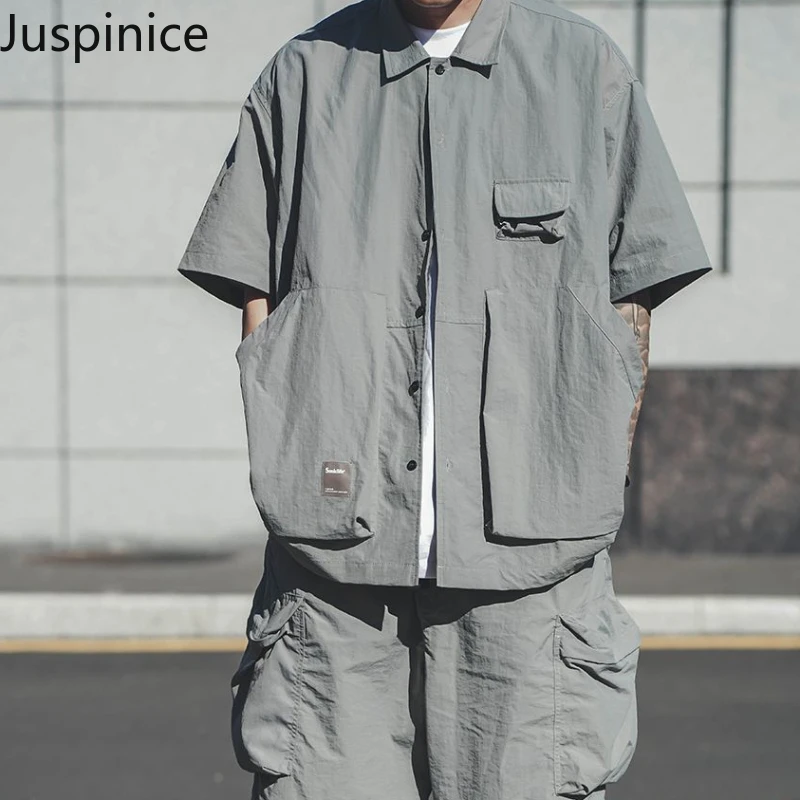 

Japanese Pocket Workwear Shirt Shorts Suit Men's Retro Loose Casual High Street Personality Tops Five-quarter Pants Male Clothes
