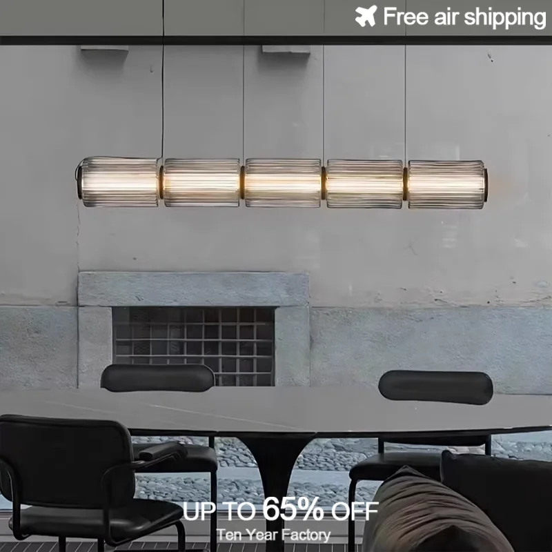 

Dimmable LED Linear Pendant Light with Smoke Grey Glass Nordic Design for Living Room and Dining Room Ceiling Lighting