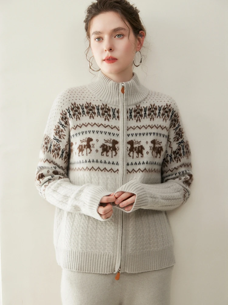 Suéter de punto de Cachemira 100% grueso de Jacquard para mujer, cárdigan con cuello simulado, ropa cómoda y cálida para otoño e invierno, Tops