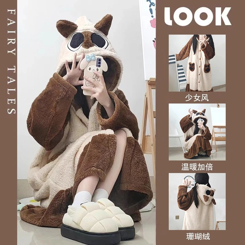 

Siamese Cat Pajama Robe For Women Coral Velvet Thick Warm Hooded Cartoon Sleepwear Oversized Cozy Winter Loungewear Outfit