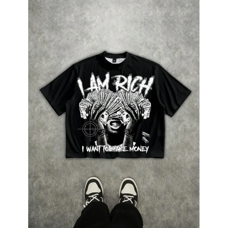 

Men's Oversized Street-Style "I Am Rich" Money Print Cropped T-Shirt