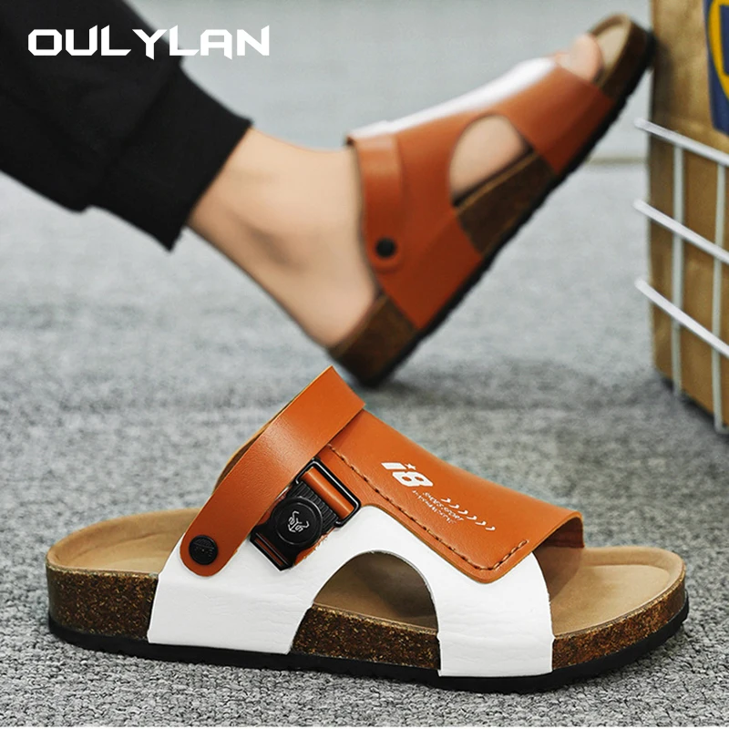 2024 Summer Sandy Beach Cork Sandals Men Fashionable Non-slip Flip Flops Fashion Slip on Leather Slippers Men