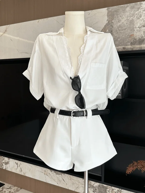 

Chic V-Neck Shirt And Short Pants Set for Women Casual Summer Office Wear Outfit Trendy Cool Feel Brand Unbranded Collar