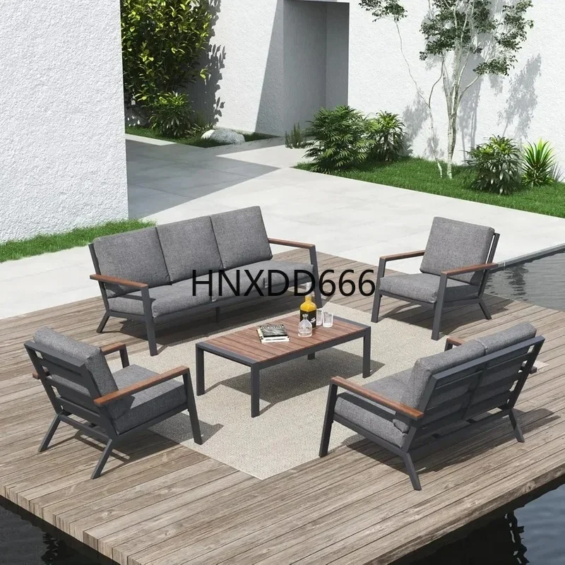 

Aluminum Patio Furniture Set with Solid Wood Top Armrest & Coffee Table, Outdoor Deep Seating Sectional Sofa