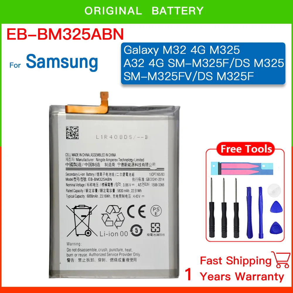 

EB-BM325ABN 6000mAh Battery For Samsung Galaxy M32 4G/M325 A32 4G SM-M325F/DS SM-M325FV/DS M325F M325 Batteria+ Tools