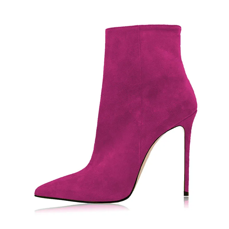 Arden Furtado 2025 Autumn Cow suede Pointed toe Thin heels Side zipper Super high heel Modern boots Extra large size Short boots