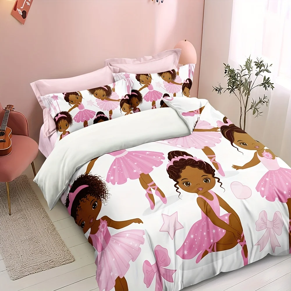 African American Ballerina Pink Duvet Cover Set, Bedding Set For Bedroom Dorm Room No Filler 1pc* Duvet Cover + 2pcs Pillowcase