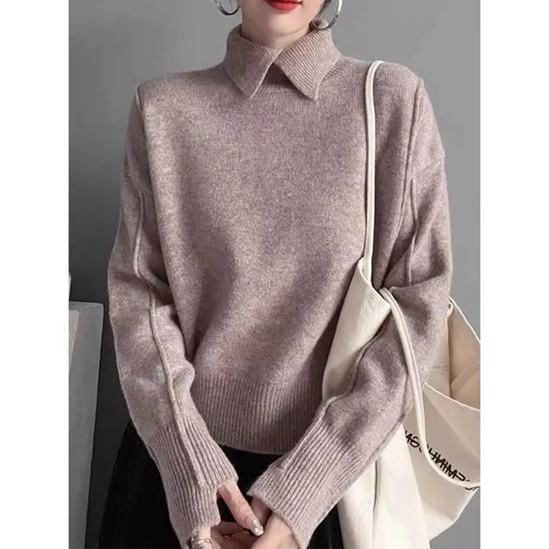 

Women Clothing European Style Turn-down Collar Solid Knit Pullover Autumn Winter Elegant All-match Long Sleeve Sweater Lady Tops
