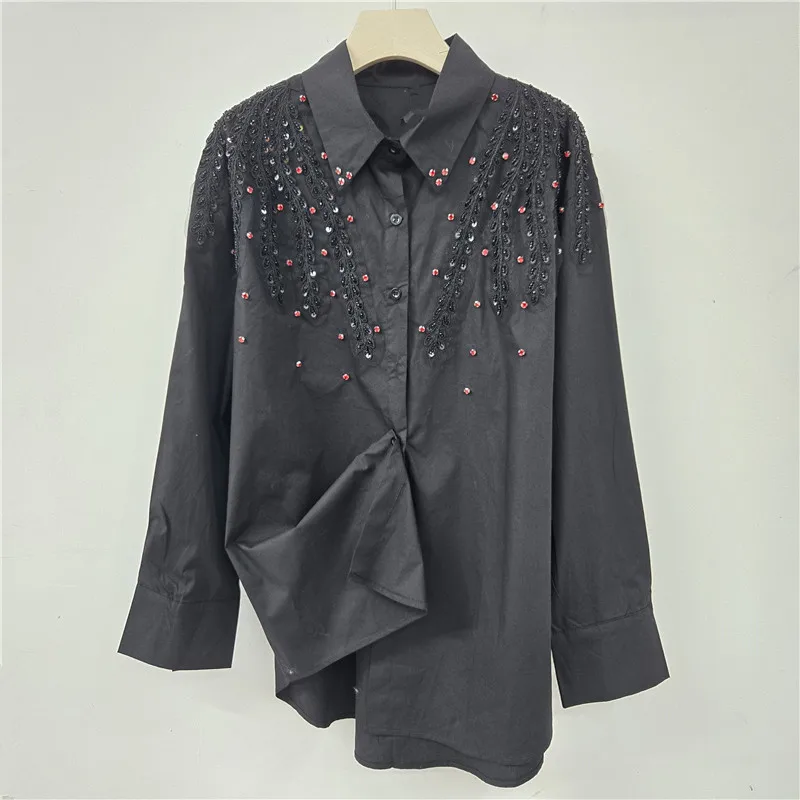 Temperament Casual Shirt for Women Solid Color Loose Diamond Studded Shirts Spring Autumn New Single Breasted Bead Tops