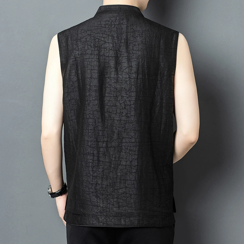 Luxurious Sleeveless Shirts For Men Natural Silk 100% Frog Button Summer Quality Lightweight Satin Comfort Fit Camisas De Hombre