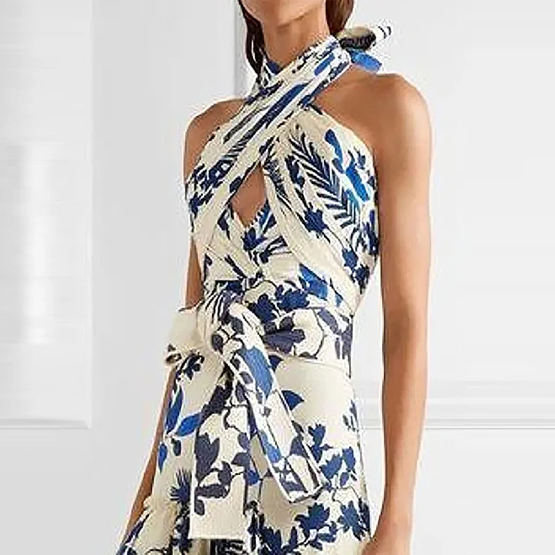 2024 Sexy Halter Blue Floral Print Party Dress Fashion Hollow Sleeveless Beach Long Dress Women Elegant Ruffled Bohemian Dresses