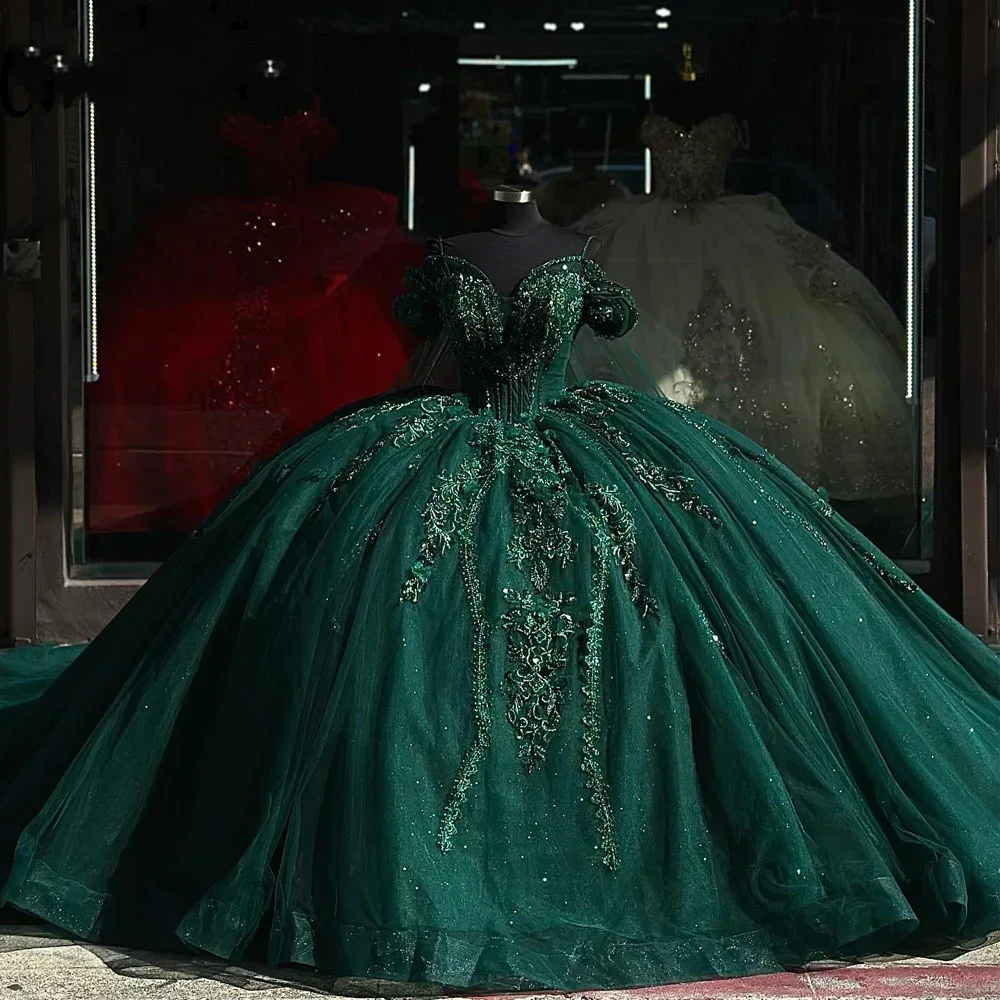 ANGELSBRIDEP Dark Green Shiny Quinceanera Dresses 3D Applique Sequins Ball Gown vestidos de 15 quinceañera Princess Party Gowns