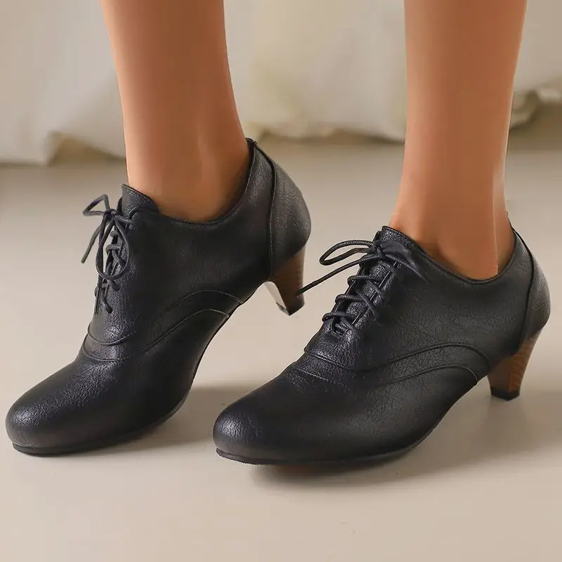 

SIMLOVEYO British Style Big Size 48 49 50 Spring Women Pumps Round Toe Strange Heels 5cm Lace Up Soft Casual Office Lady Shoes