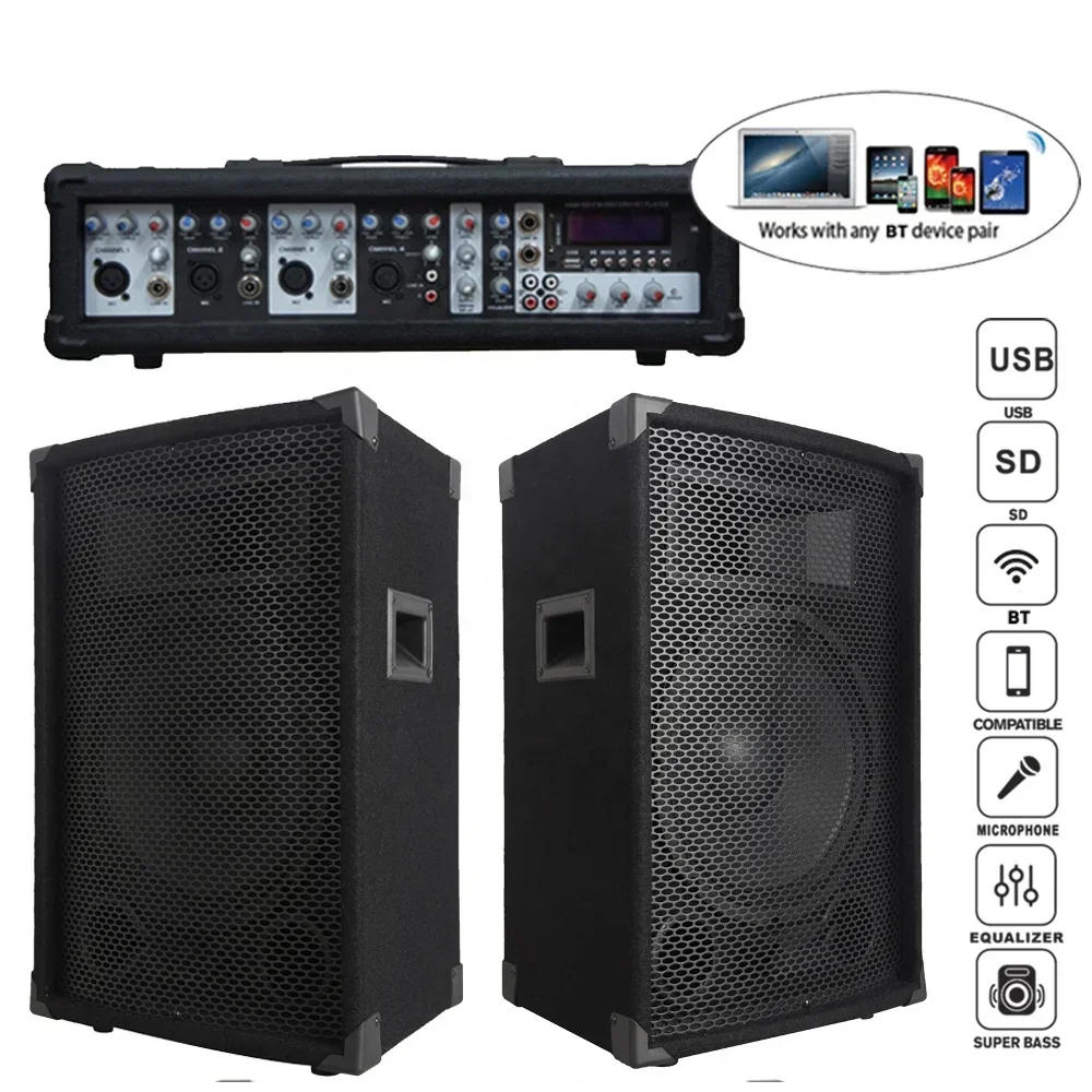 Professional audio 1200W 2X15"Subwoofer PA speaker system BT TWS karaoke sets 4  channel powered mixer Sound box bocina parlant