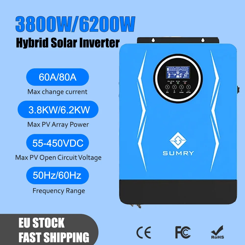 Solar Inverter 6.2KW 3.8KW Hybrid Solar Inverter 24VDC 220V 110ADC Pure Sine Wave Power Inverter MPPT Solar Charge Controller