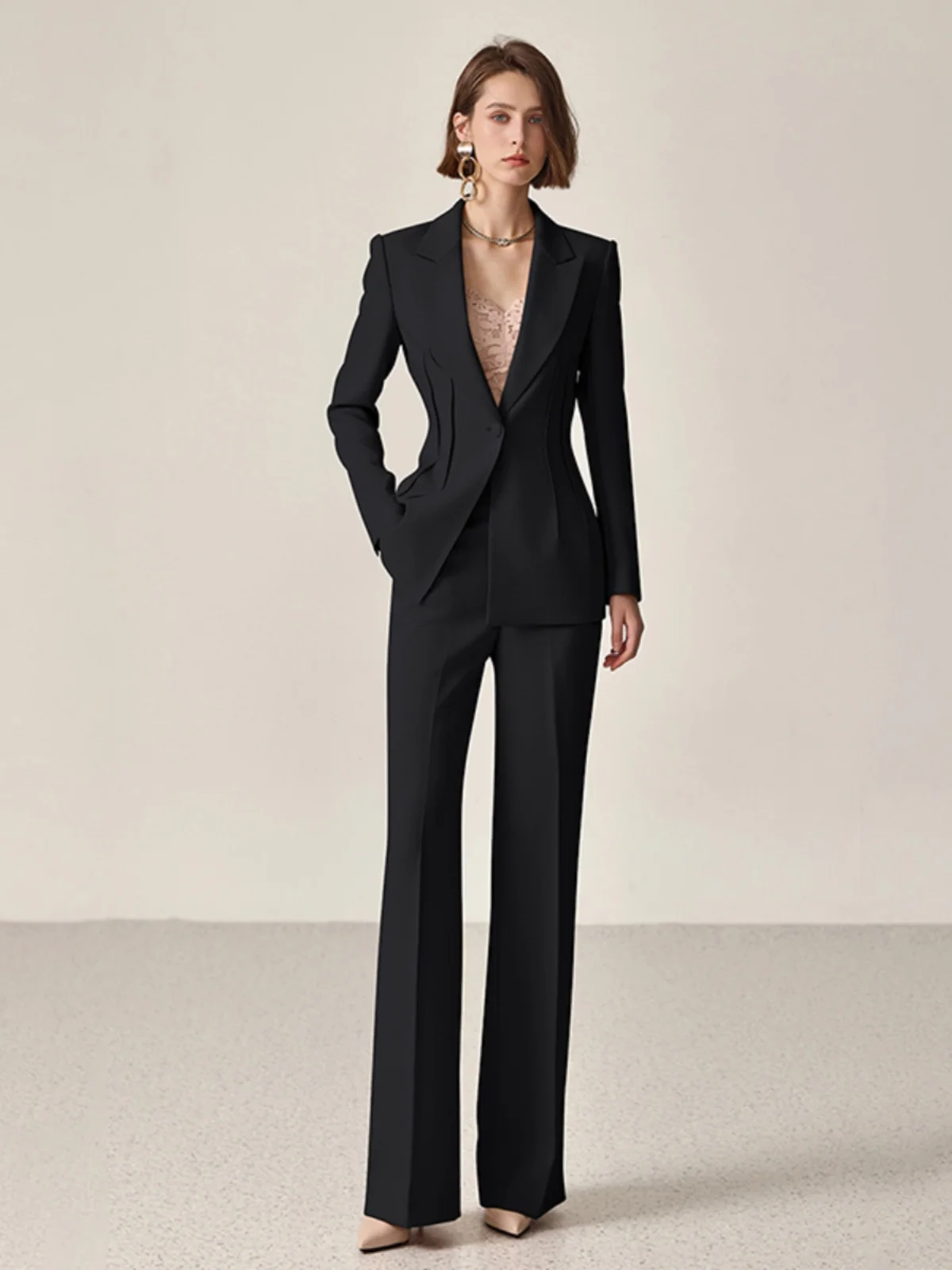 

Элегантный черный деловой костюм для женщин: профессиональная рабочая одежда, брюки с завышенной талией, длинный рукав, полиэстер, модный деловой стиль