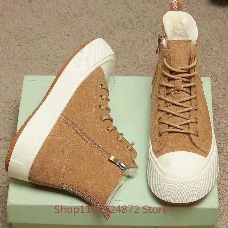 Winter High Top Wool Plush Lined Sneakers Lace Up Side Zipper Cow Suede Ankle Boots Men's Warm Casual Cotton Snow Boots Male