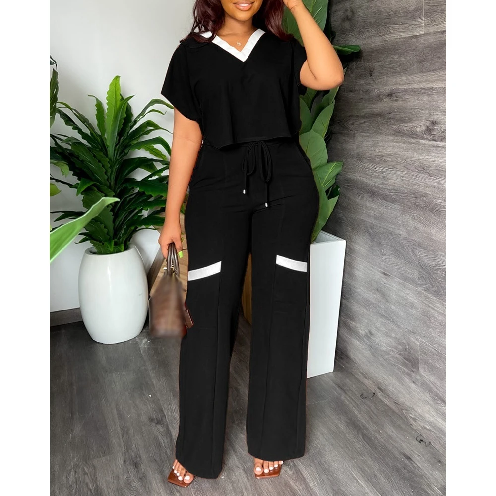 Summer Women Contrast Paneled V-Neck Short Sleeve T-shirt Top & High Waist Pants Set Causal Streetwear New In Suit 2024