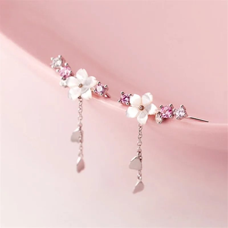 925 Sterling Silver Cherry Blossoms Tassel Charm Piercing Stud Earring For Women Girls Jewelry Pendientes Accessories