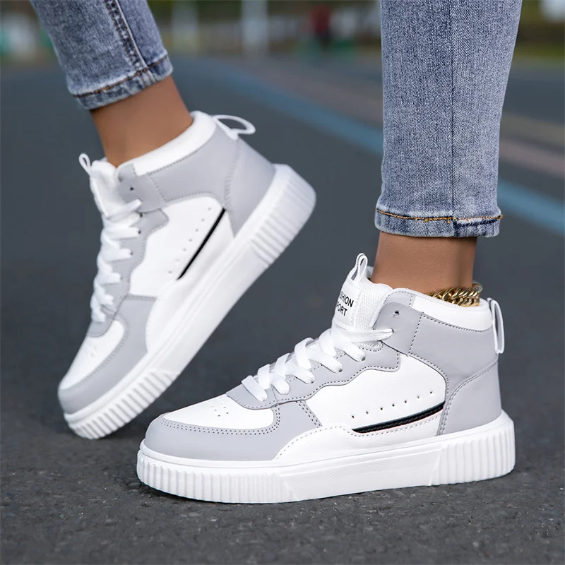 Women Casual Shoes Lace Up Walking Thick Sole Flat Outdoor Female White Sneakers Board Shoes PU Leather Luxury Fashion