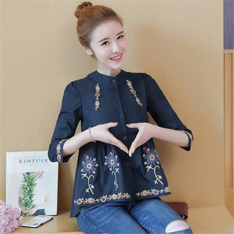 Ethnic Vintage Embroidery 100% Cotton Shirt Women Elegant Blouse Button Up Shirts Ladies Office Wear Loose Casual Tops 2022 New