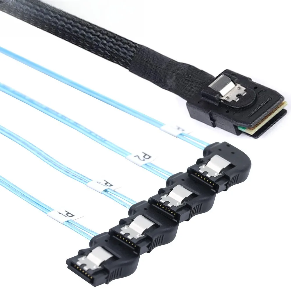 Mini SAS SFF-8087 Macho para 4 SATA 7P Fêmea Cabo de servidor de alta velocidade com curvatura direita - Ideal para transmissão de dados eficiente