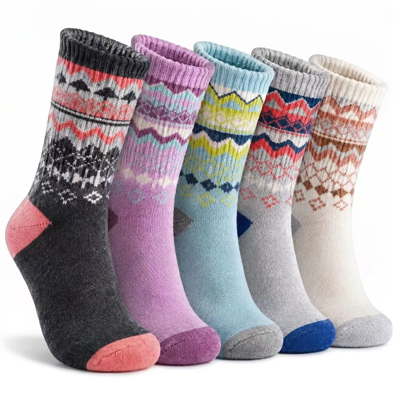 5 Pairs Women Winter Thick Wool Socks Vintage Fair Isle Geometric Jacquard Thermal Mid Calf Socks Retro National Pattern Soft Wa