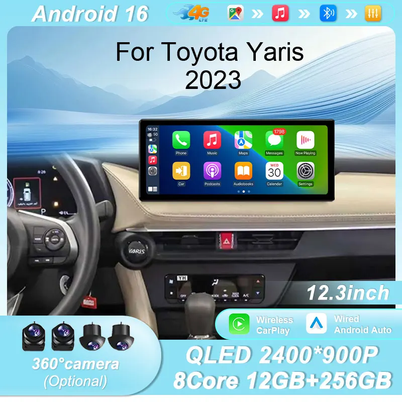 12.3 Inch Android 16 Car Radio for Toyota Yaris 2023 Wireless CarPlay Auto GPS BT WiFi DSP IPS Touch Screen Autoradio Multimedia