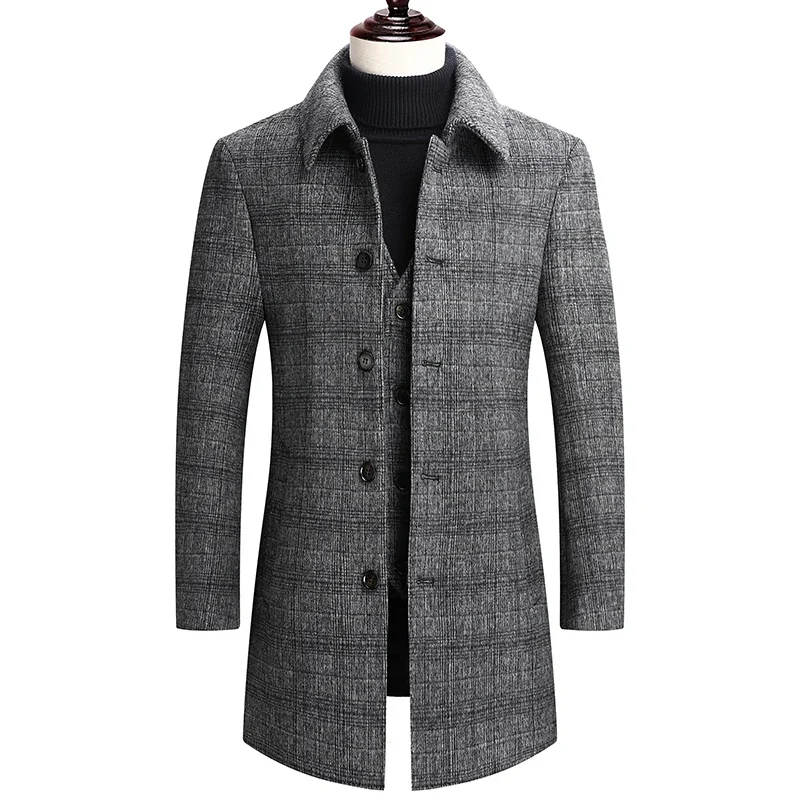 

LIBIELIY Winter Men's Mid-Length Plaid Woolen Coats Business Casual Checker Thicken Warm Wool Overcoat Duck Down Inner Windbreak